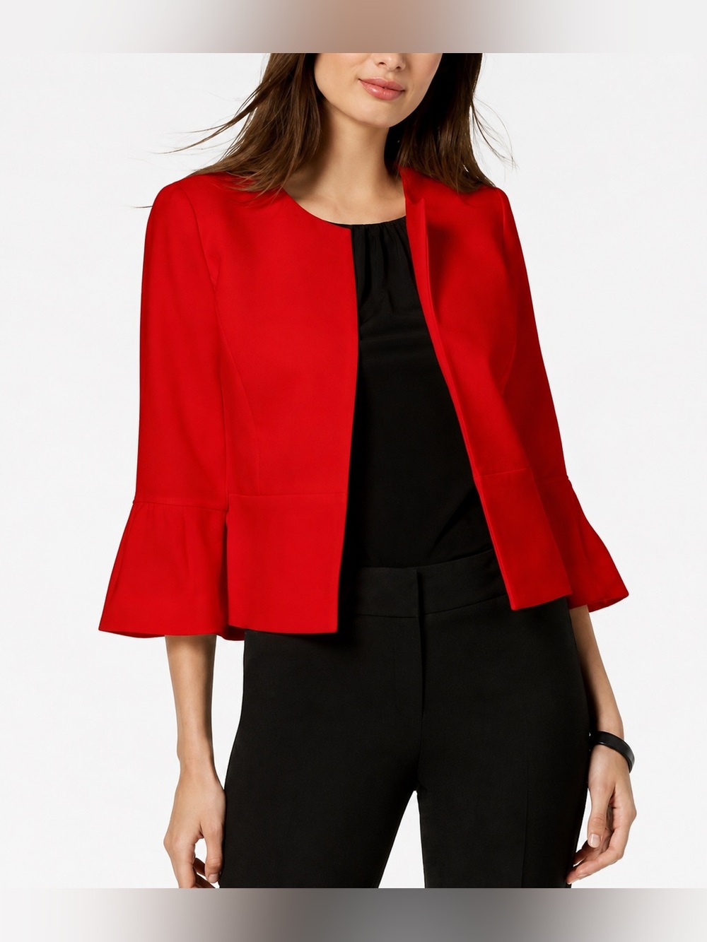 Nine West Red Bell Sleeve Collarless Open Front Blazer Jacket